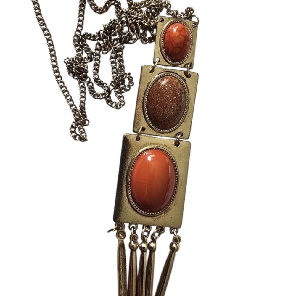 Three Tier Goldtone Necklace With 3 Orange Stone 28" L. NEW